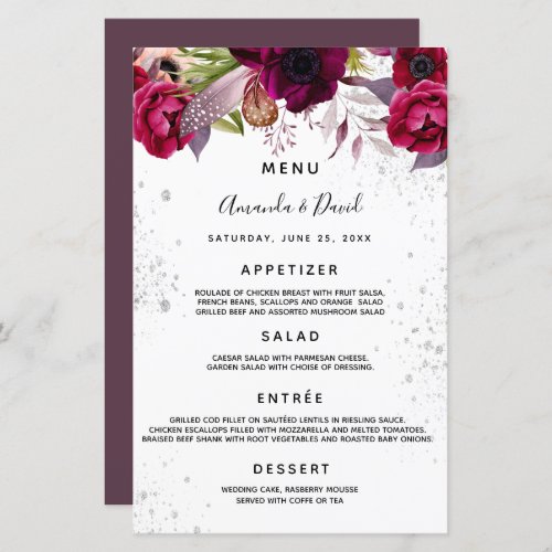 Wedding Menu florals white burgundy purple glitter