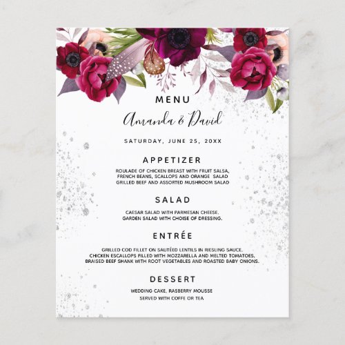 Wedding Menu florals white burgundy purple glitter