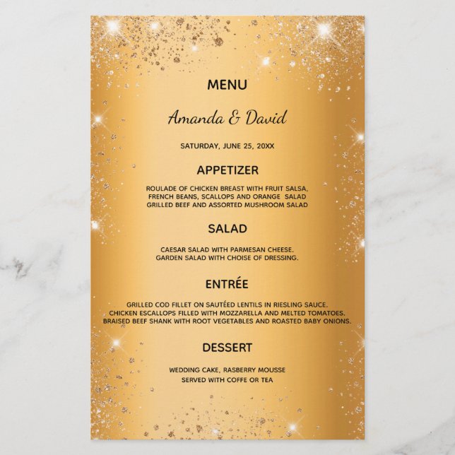 Wedding Menu gold metallic glitter dust elegant (Front)