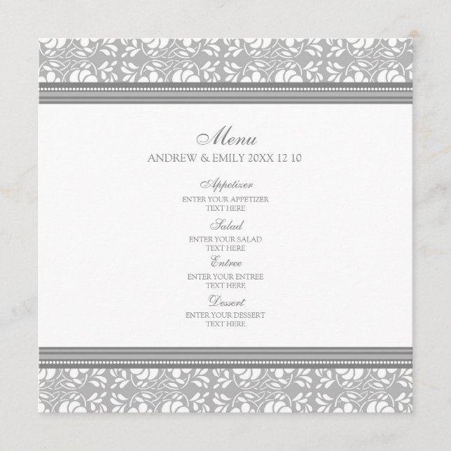 Wedding Menu Gray Floral Damask (Front)