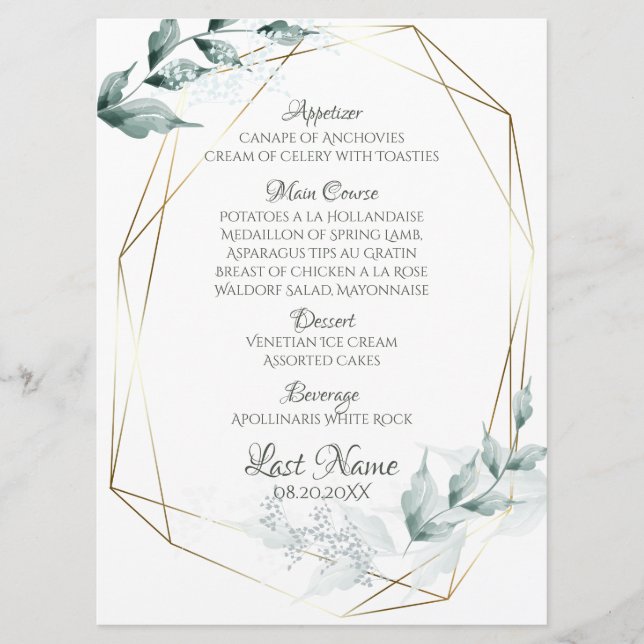 Wedding Menu | Grayed Jade Green Botanical Menu (Front)