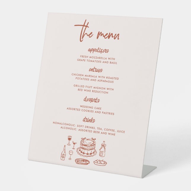 Wedding Menu Hand Drawn Food Whimsical Pedestal Sign (Front)