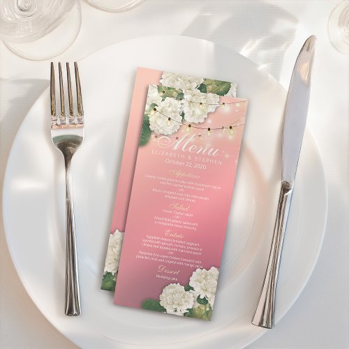 Wedding Menu Hydrangeas Flowers String Lights Pink