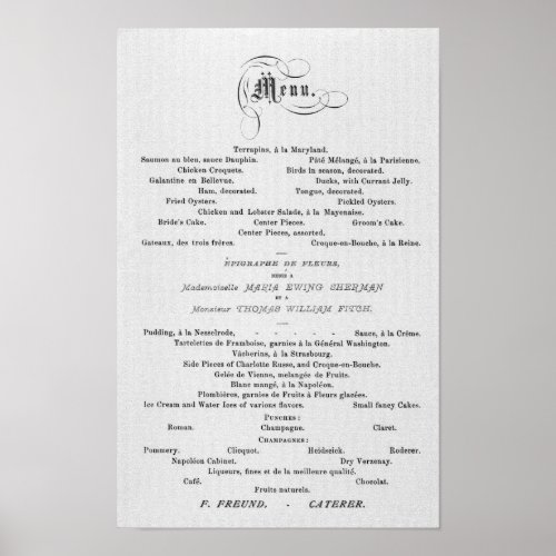 WEDDING MENU in French theme 1874 Poster