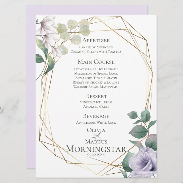 Wedding Menu | Lavender Peony Green Botanical Menu Invitation (Front/Back)