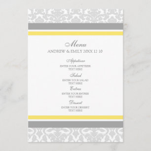 Wedding Menu Lemon Gray Floral Damask