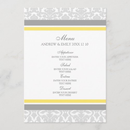 Wedding Menu Lemon Gray Floral Damask