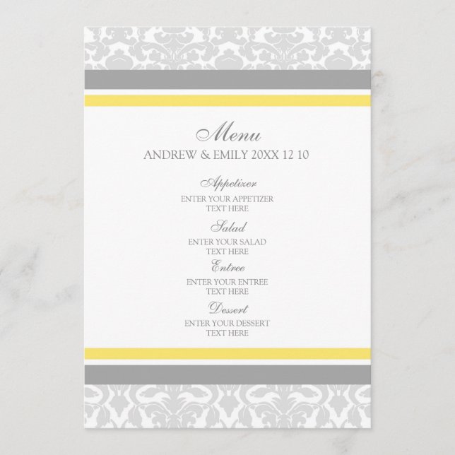 Wedding Menu Lemon Gray Floral Damask (Front)