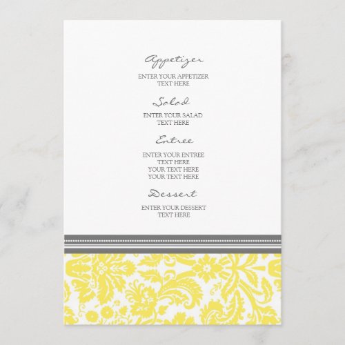 Wedding Menu Lemon Grey Damask Pattern