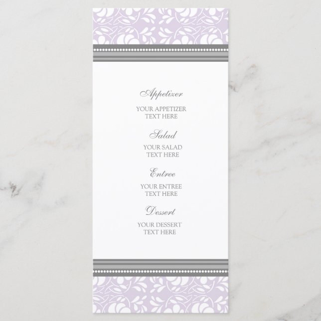 Wedding Menu Lilac Gray Damask (Front)