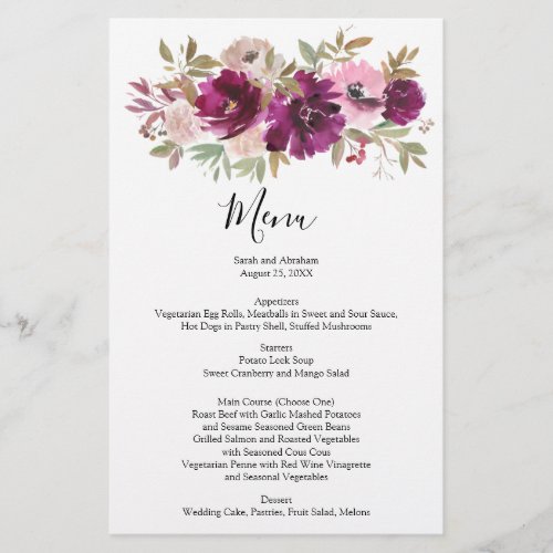 Wedding Menu Menus Menues Watercolor Purple Floral