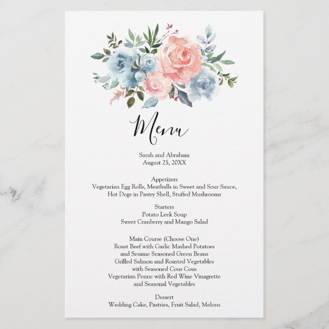 Wedding Menu Menus Menues Watercolor Roses (Front)