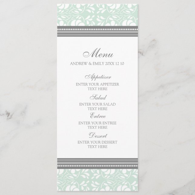 Wedding Menu Mint Gray Floral Damask (Front)