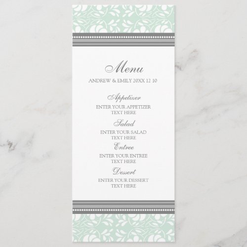 Wedding Menu Mint Gray Floral Damask