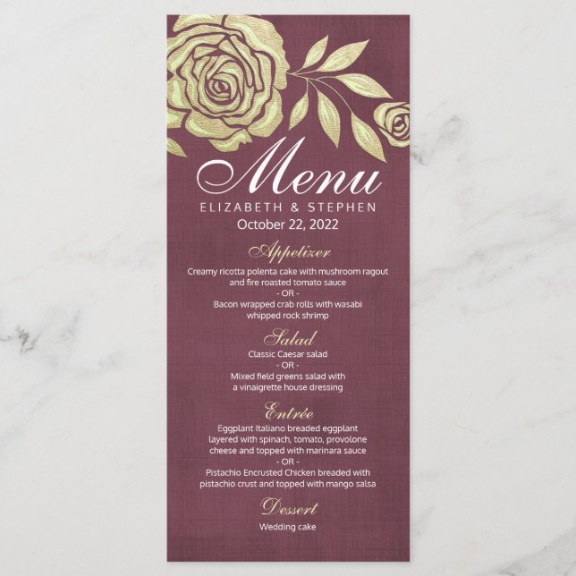 Wedding Menu Modern Chic Golden Roses Burgundy Red (Front)