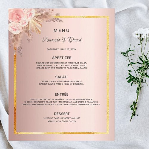 Wedding Menu pampas grass rose gold floral