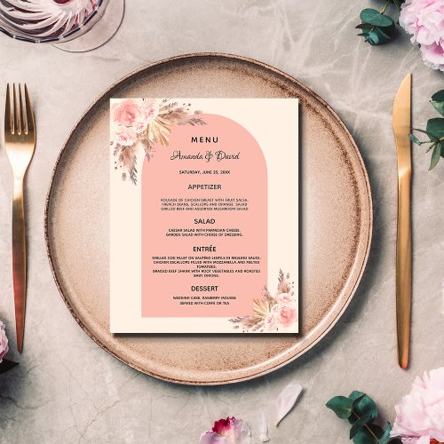 Wedding Menu pampas grass rose gold floral blush