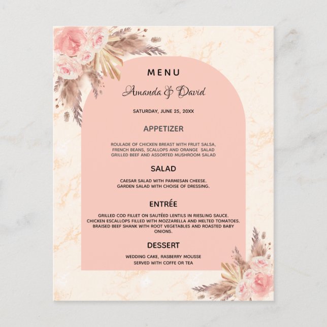 Wedding Menu pampas grass rose gold floral marble (Front)