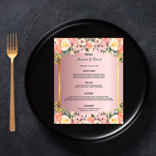 Wedding Menu pink florals dusty rose gold budget Flyer