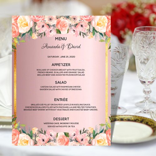 Wedding Menu pink florals dusty rose gold elegant