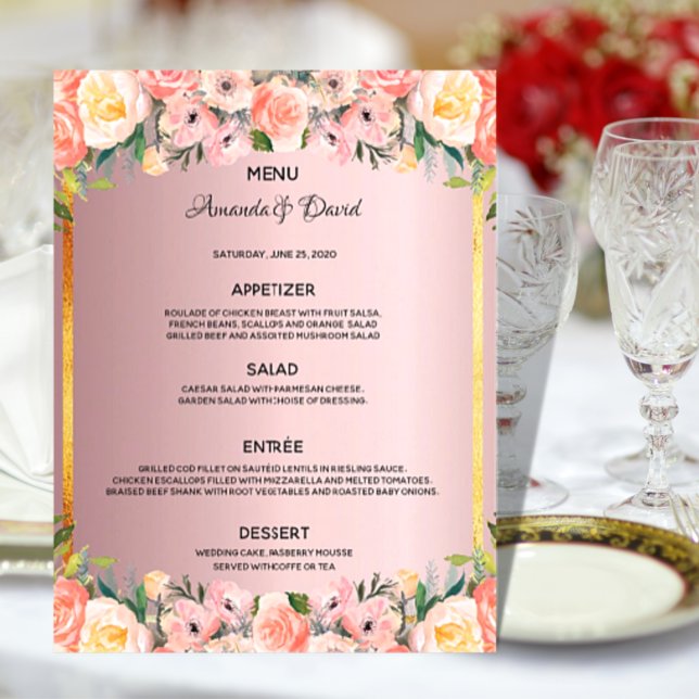 Wedding Menu pink florals dusty rose gold elegant (Creator Uploaded)