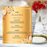 Wedding Menu pink florals gold glam elegant<br><div class="desc">An elegant bohemian boho style wedding menu card. Pink golden lush watercolored roses as decor.  Templates for your names,  date and the wedding menu. A faux gold frame and a faux gold metallic background.  Dark gray colored letters.
Back: faux gold metallic looking background.</div>