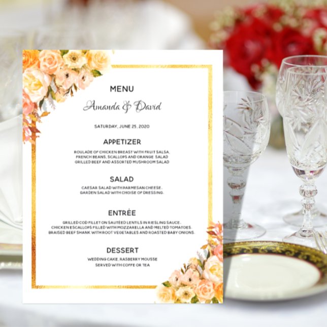 Wedding Menu pink florals golden elegant elegant (Creator Uploaded)