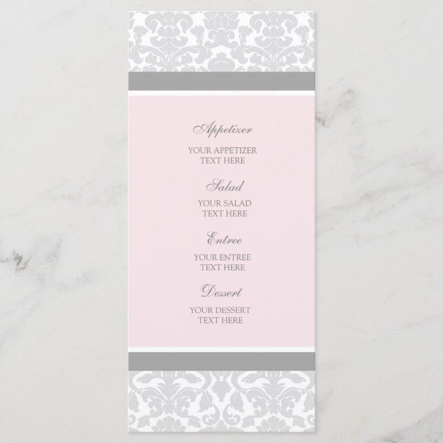 Wedding Menu Pink Gray Damask (Front)