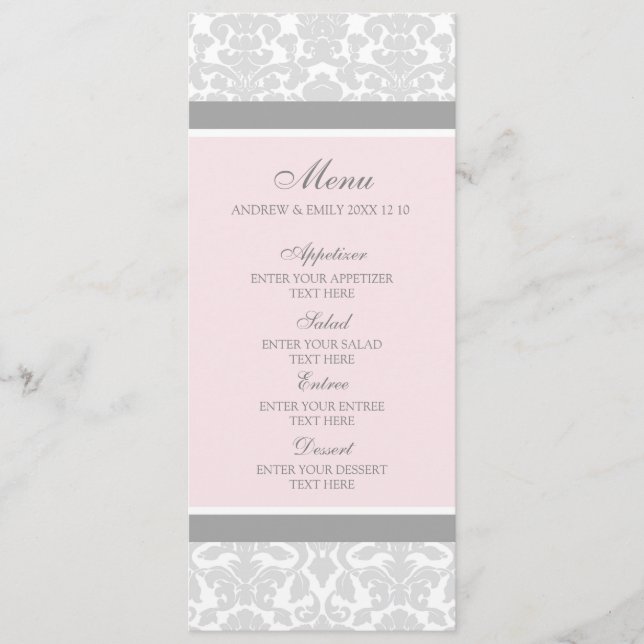 Wedding Menu Pink Gray Floral Damask (Front)