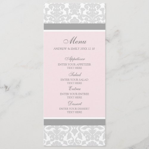 Wedding Menu Pink Gray Floral Damask