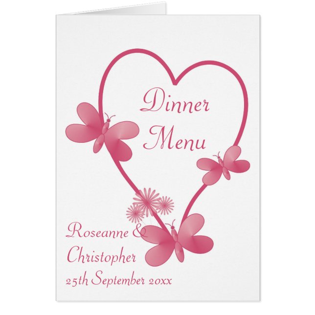 Wedding Menu Pink Heart And Butterflies (Front)