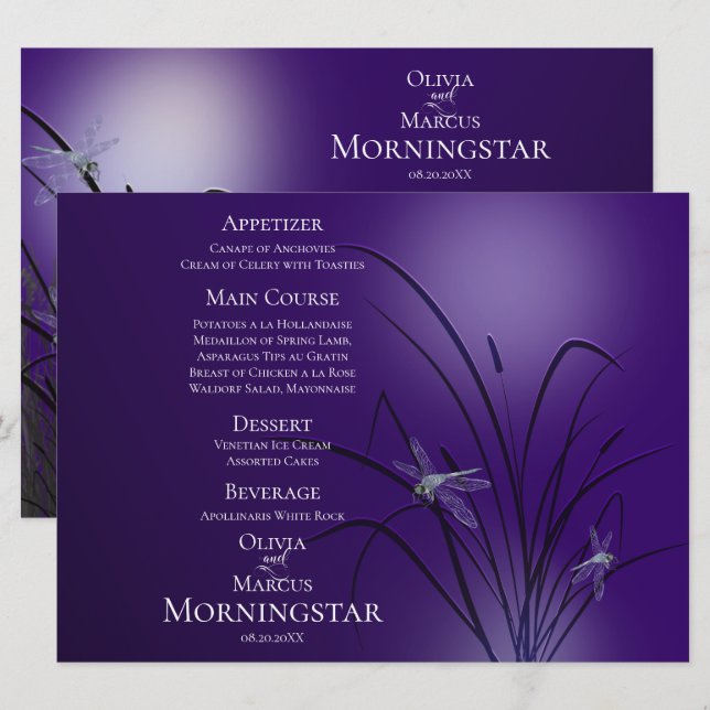 Wedding Menu Program | Amethyst Purple Dragonfly (Front/Back)
