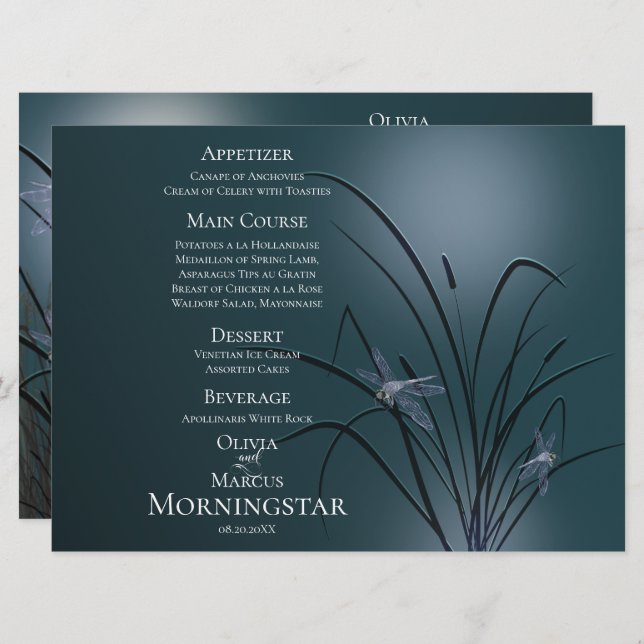 Wedding Menu Program | Dusty Teal Dragonfly (Front/Back)