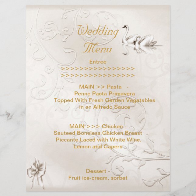 Wedding Menu Program Swans Cream White Bow Set (Front)