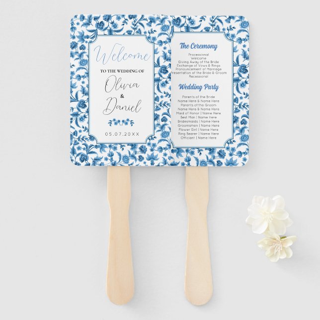 Wedding Menu Programme  Chintz Blue & White Floral Hand Fan (Front and Back)