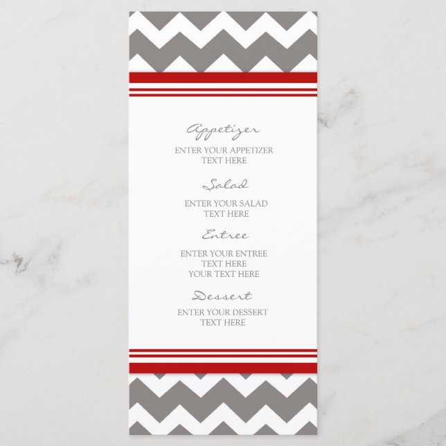Wedding Menu Red Gray Chevron (Front)