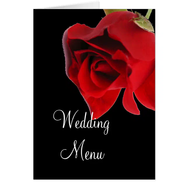 Wedding menu red rose on black card | Zazzle