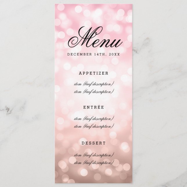 Wedding Menu Rose Blush Pink Glitter Lights (Front)