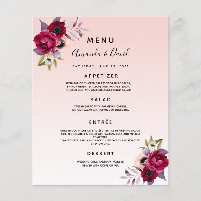Wedding Menu rose gold burgundy flowers (Front)