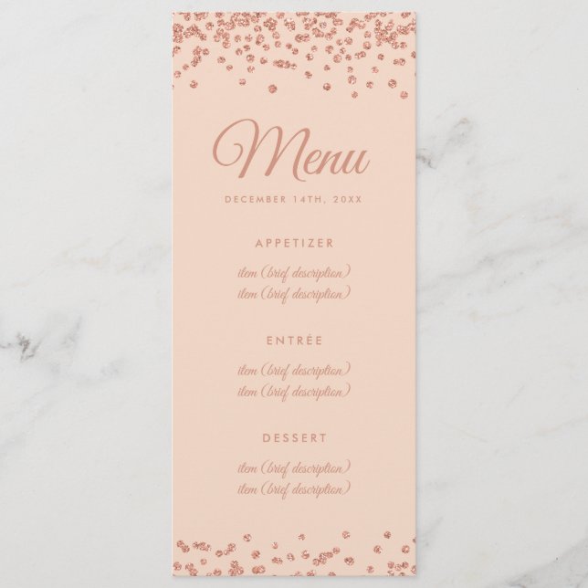 Wedding Menu Rose Gold Faux Glitter Confetti Blush (Front)