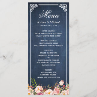 Wedding Menu Rustic Floral Vintage Blue Chalkboard