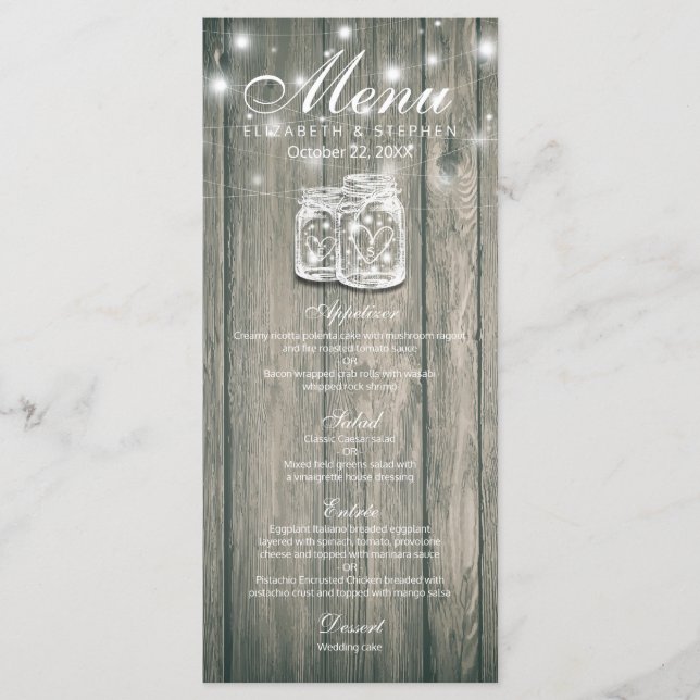 Wedding Menu Rustic Wood & Mason Jar String Light (Front)