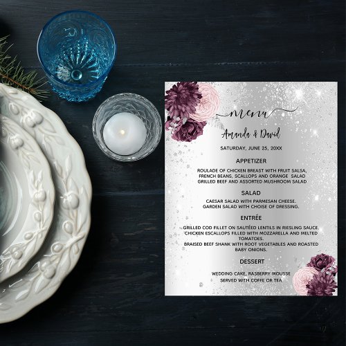 Wedding Menu silver burgundy pink flowers