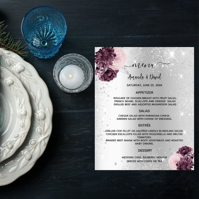 Wedding Menu silver burgundy pink flowers Flyer (Creator Uploaded)