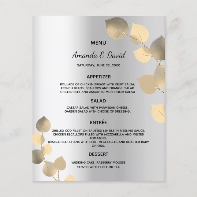 Wedding Menu silver eucalyptus golden (Front)