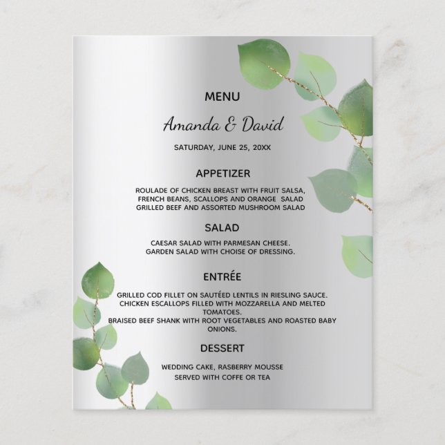 Wedding Menu silver eucalyptus greenery (Front)