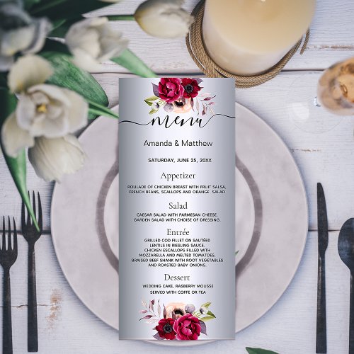Wedding menu silver florals elegant modern