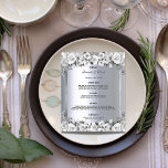 Wedding Menu silver metallic white roses budget Flyer<br><div class="desc">Please note that this menu is on flyer paper and very thin. For thicker menus (same design) please visit our store. An elegant and glamorous wedding menu. Black and white watercolored roses as decor. Templates for your names, date and the wedding menu. A faux silver frame and a faux silver...</div>