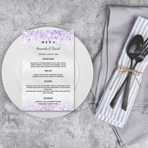 Wedding Menu silver purple violet glitter