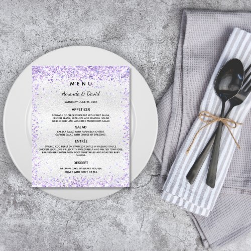 Wedding Menu silver purple violet glitter